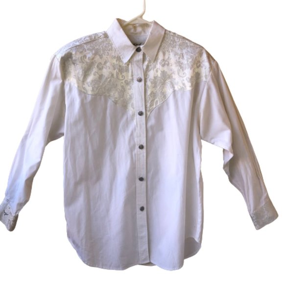 Longhorn Western Shirt Womens Medium White Button Up Long Sleeve Pretty - Picture 8 of 15